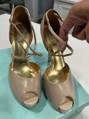 Guess Nude Patent Peep-Toe Strappy High Heels